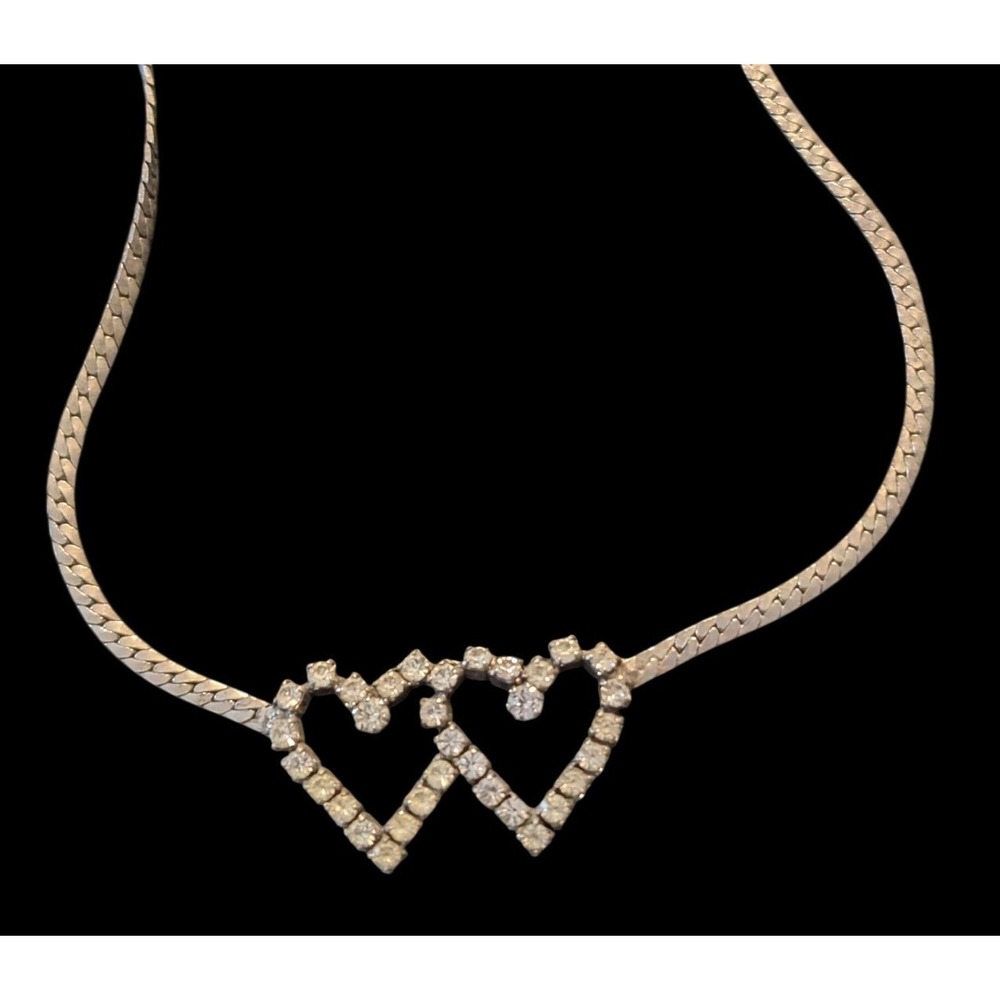 Vintage Intertwined Double Heart Rhinestone Necklace Herringbone Chain